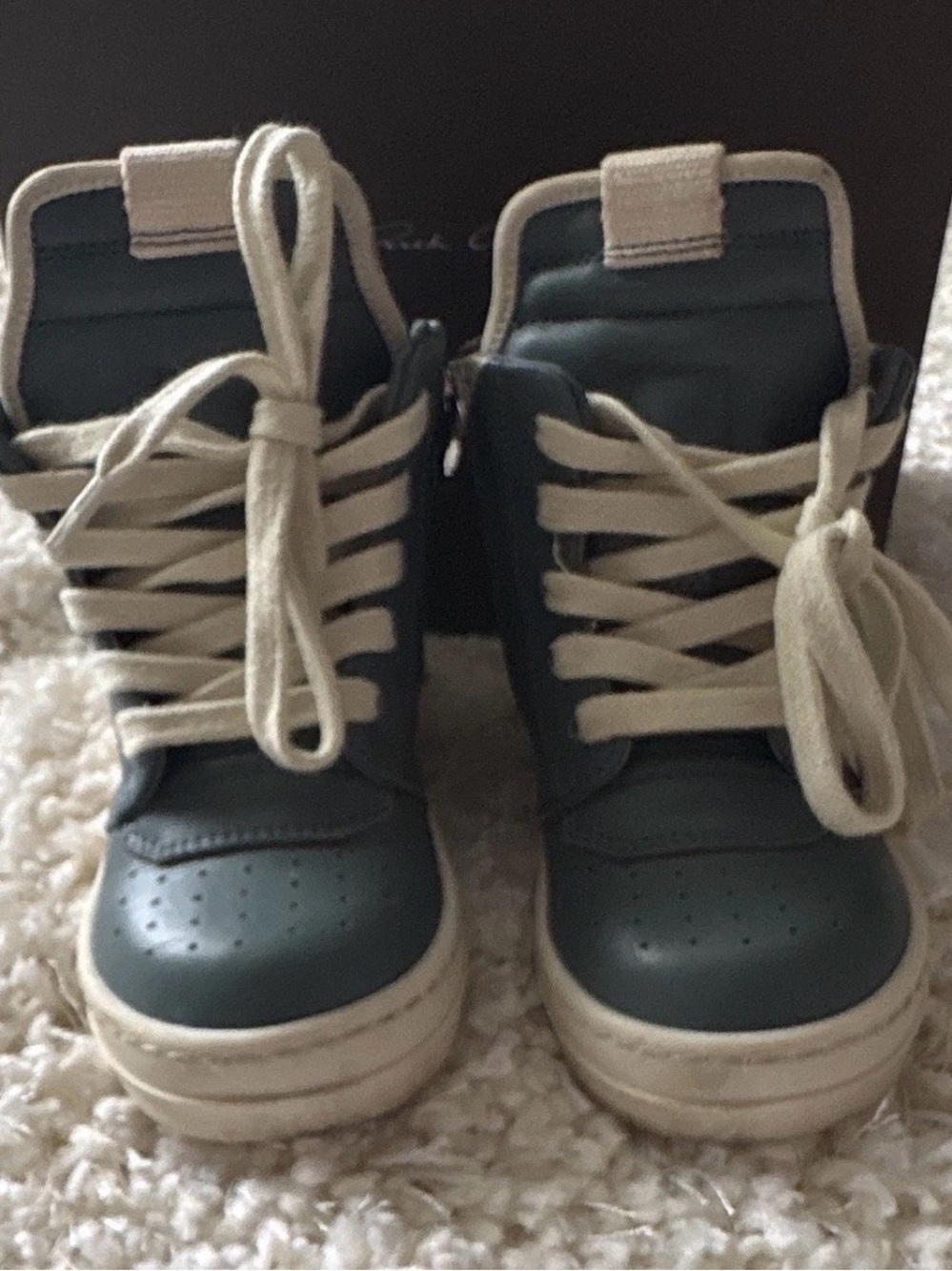 Rick Owens Kids High-Top Sneakers in Dark Green with Cream Laces